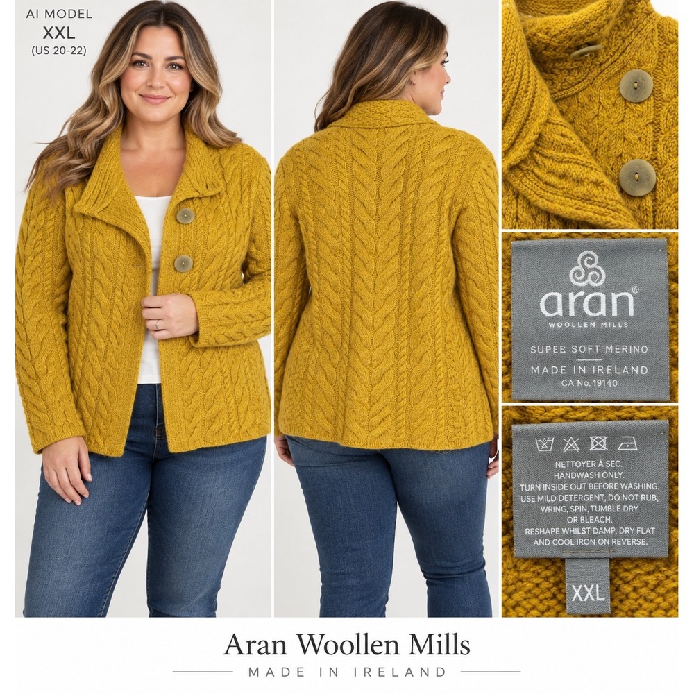 Aran Woollen Mills Merino Wool Cable Knit Cardigan Mustard Yellow XXL Ireland